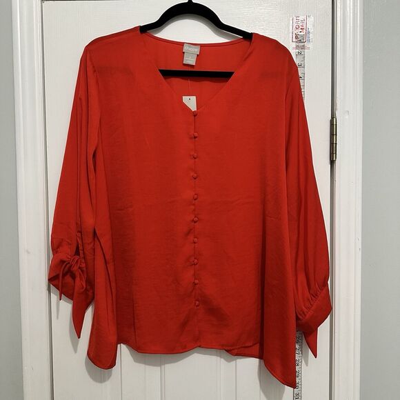 Chico's Persimmon Orange Red Tie Sleeve Top New Size XL 3 - Picture 1 of 8